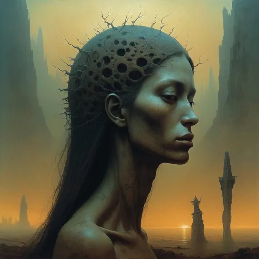 Prompt: A beautiful yet horrifying goddess style of Beksinski 