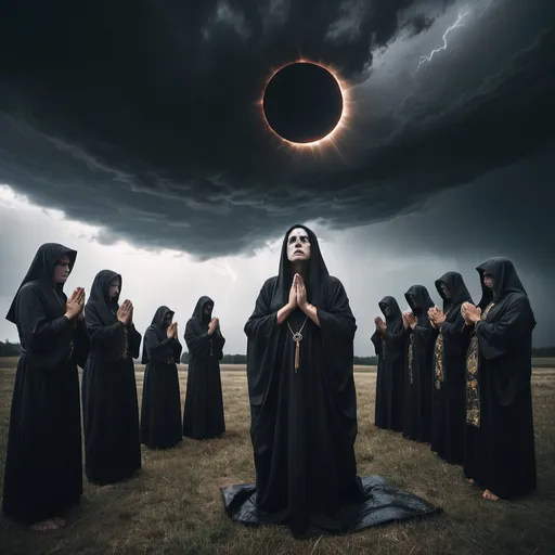Prompt: An eerie ritualistic cult praying to an ominous solar eclipse amid a fierce storm.