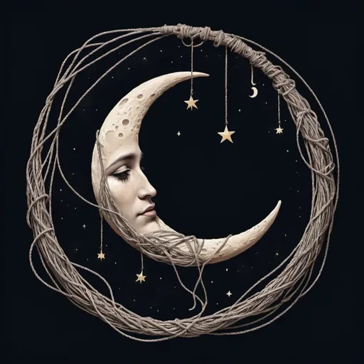 Prompt: A crescent moon with strings coming down to Earth and wrapping around things