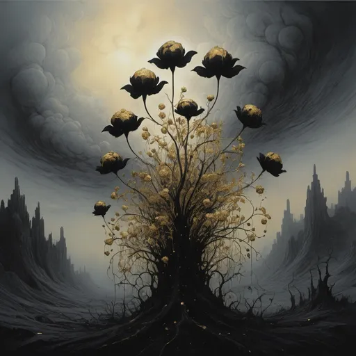 Prompt: Eerie black and gold flora under a strange sky of milk white in the style of Beksinski 