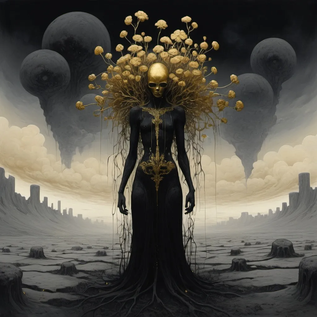 Prompt: Eerie black and gold flora under a strange sky of milk white in the style of Beksinski 