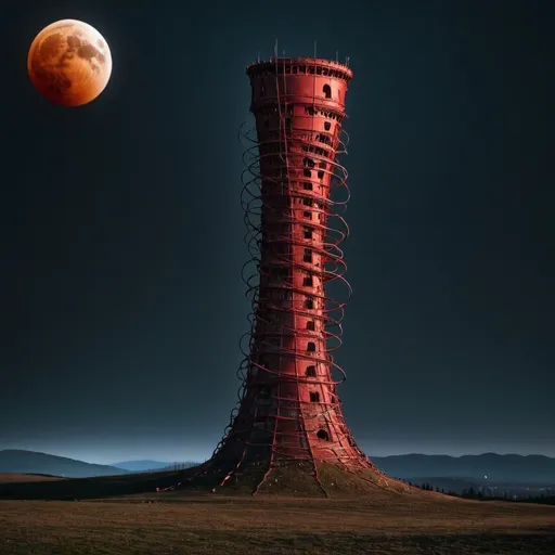 Prompt: Strange, misshapen tower, warping and twisting, lunar eclipse, melting sky