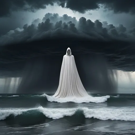 Prompt: a 30 feet tall, ominous, eerie, cloaked white, slender figure hovering above the ocean during a fierce storm