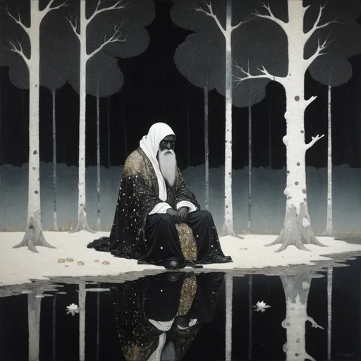 Prompt: A somber, lavishly dressed half black half white fellow sitting beside a milky white lake in a forest at night. Style of Gustav Klimt painting with platinum flakes