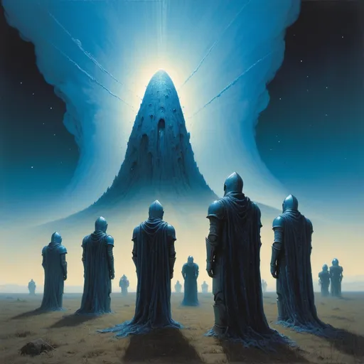 Prompt: Terrified knights praying to an ominous blue comet streaking through a milk white sky. style of Beksinski and Amano