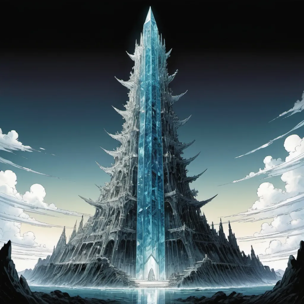 Prompt: A looming crystal tower in style Amano