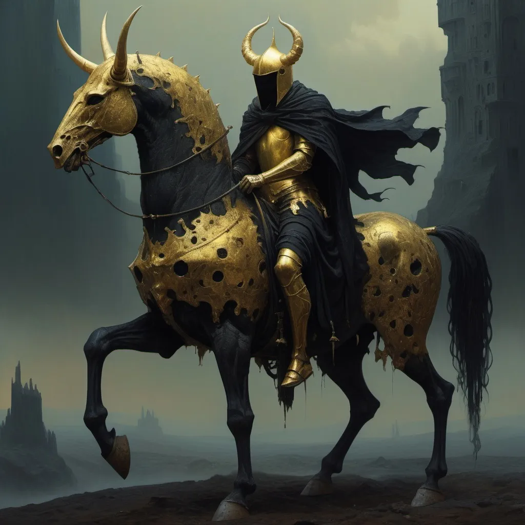 Prompt: Black and gold Dreadful knight on a dark and brutal horned steed. Style of Beksinski and Klimt