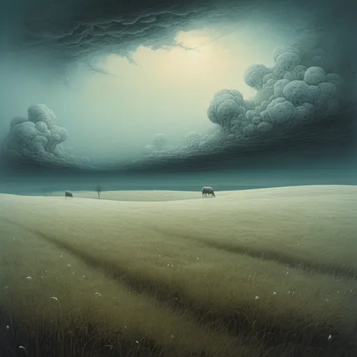 Prompt: An odd grassy field under a strange sky of milk white in the style of Beksinski 