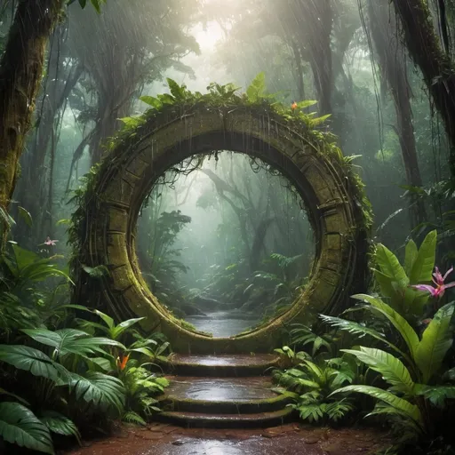 Prompt: a portal in the rain forest which leads to a magical realm