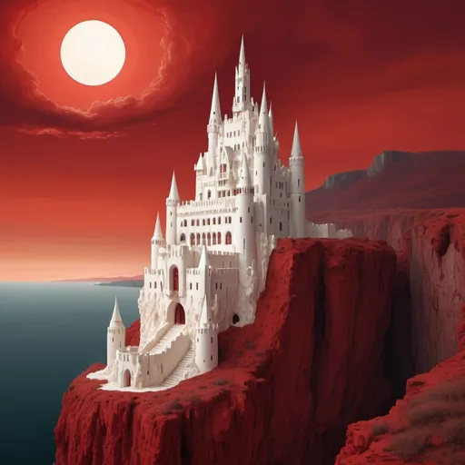 Prompt: A pristine jagged ivory white castle on a cliff, an eerie, dreadfully red sky with comet. Style of Klimt 