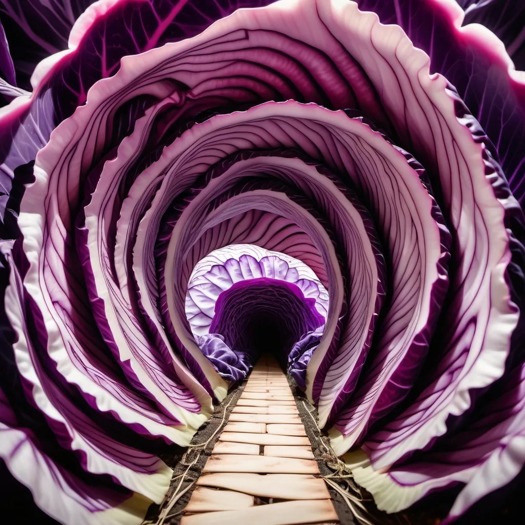 Prompt: The middle of a red cabbage that has been halved. The inside looks like a walkway that leads to another realm.
Art style of Yoshitaka Amano