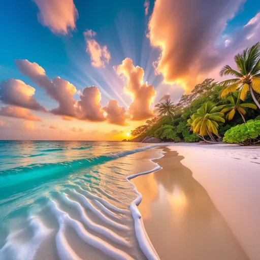 Prompt: Natural photograph of a vibrant sunset on Fine white sand like powder, silvery rocks as if sculpted by human hands warm, crystal-clear waters and lush, high resolution, cumulus cloud sky, evening weather, sandy shores, clear turquoise waters, colorful, tropical paradise, professional photography, soothing lighting, best quality and mountain with ice and trees 