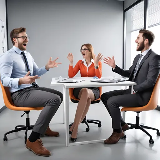 Prompt: photorealistic image of fun and cool leasing agents in their seats in an office looking around at each other wondering who is best at rock paper scissors
