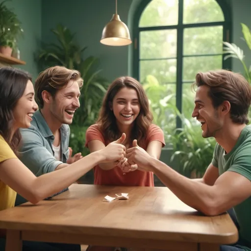 Prompt: photorealistic, (vibrant color scheme), three people sitting at a table, playing rock paper scissors, (two women and one man in their twenties), joyful expressions, natural lighting, lush green plants in the room, cheerful ambiance, (crowd in the background cheering), warm and inviting atmosphere, 4K, ultra-detailed, focus on smiles and expressions of excitement.