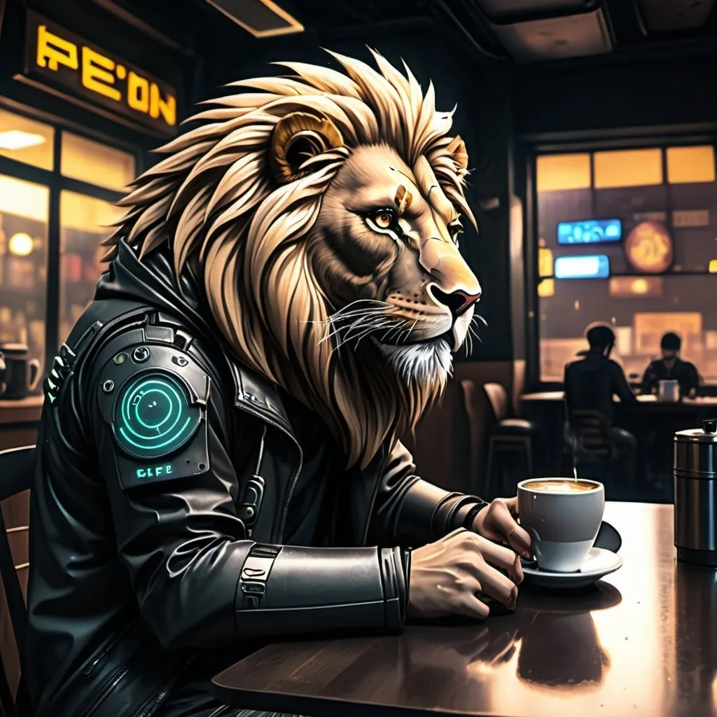 Prompt: Anime cyberpunk style,lion in coffee shop, highly detailed, HD, dark background