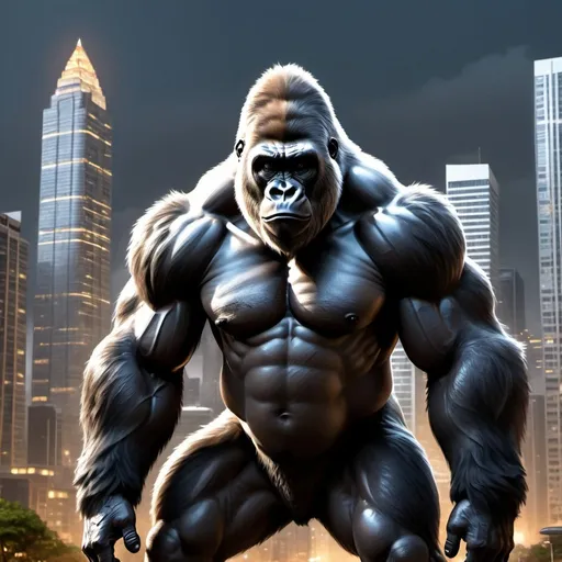 Prompt: Gorilla in the city, digital art, towering skyscrapers, realistic fur texture, powerful and intimidating stance, urban setting, detailed muscle definition, intense gaze, dramatic lighting, 4k, ultra-detailed, realistic, urban, intense, detailed fur, powerful, dramatic lighting