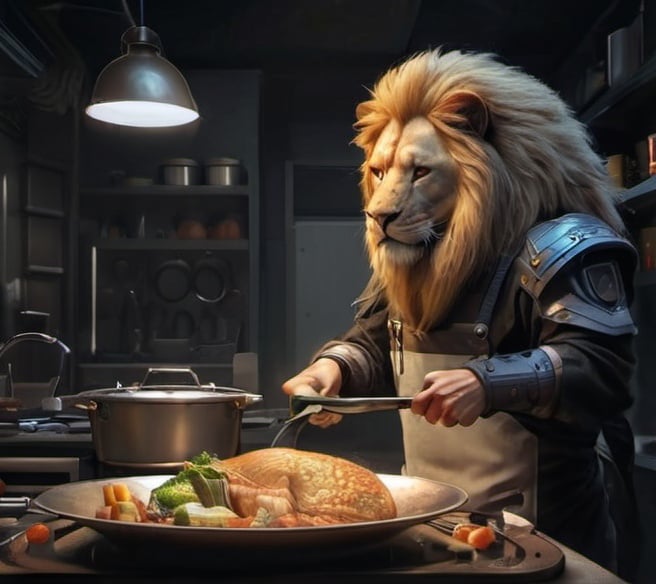 Prompt: Anime cyberpunk style , lion cooking supper for the family,highly detailed, HD, dark background, beautiful kitchen 