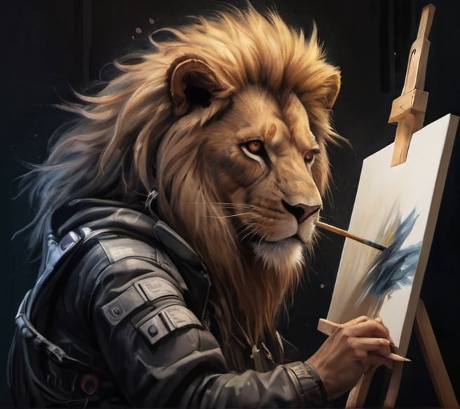 Prompt: Anime cyberpunk style , a lion doing a painting on a canvas ,highly detailed, HD, dark background, beautiful art area