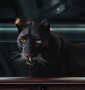 Prompt: Panther on a moving train, digital painting, rugged industrial setting, dramatic lighting, intense and focused gaze, sleek black fur with soft reflections, high quality, digital painting, dramatic lighting, intense and focused gaze, sleek design, professional, industrial setting, rugged, powerful