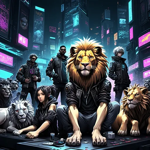 Prompt: Anime cyberpunk style, lion chilling with alot of friends, highly detailed, HD, dark background