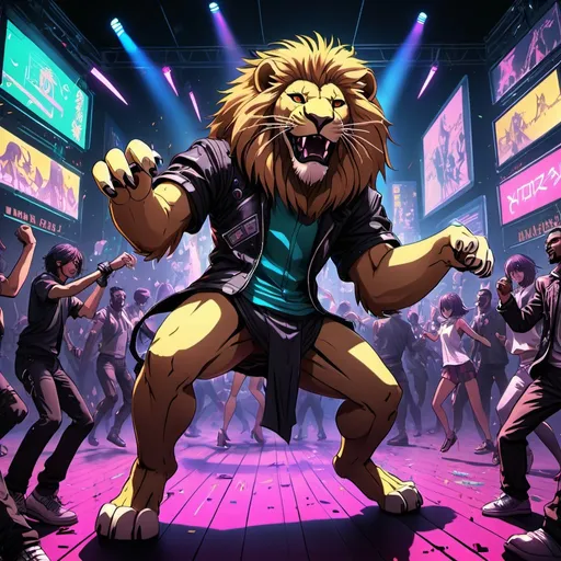 Prompt: Anime cyberpunk style,lion in a party dancing,full of people dancing,highly detailed, HD, dark background