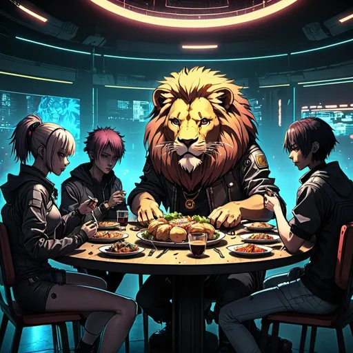 Prompt: Anime cyberpunk style,lion serving food to a group of people sitting at a round table,highly detailed, HD, dark background, colour lights 