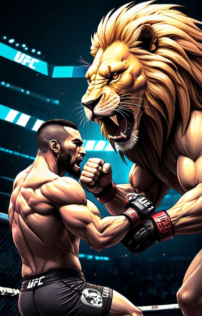Prompt: Anime cyberpunk style, lion fighting in a UFC match, highly detailed, HD, dark background