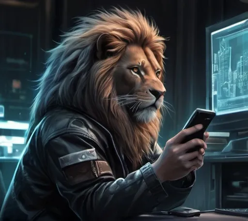 Prompt: Anime cyberpunk style , lion playing with his cell phone ,highly detailed, HD, dark background, beautiful lounge area