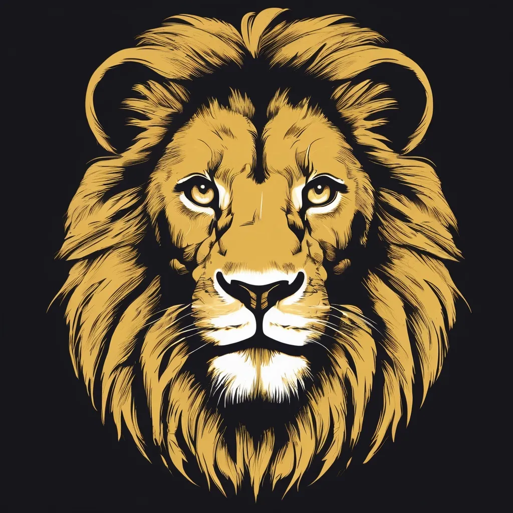 Prompt: head of a sneaky lion to be printed in golden colour on a t-shirt


