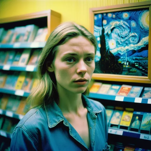 Prompt: Analog film photography still, portrait of a woman in a VHS store, grainy fujifilm film, anaglyph effect, van gogh style, The Starry Night, Photorealism, long shot blur, A young woman lost in her thoughts, perfect anatomy, expressive brushstrokes, vibrant colors, texture and relief, masterful use of light, surrealistic realism, 16k, ultra detailed, psychedelic, masterpiece, poster, trending on art station.