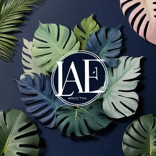 Prompt: Create Logo and brand identity for: 
Business Name: Leafle Monsta
Trademark: Le Jardin D’Alice
Style: High-end, sofisticated
Collor pallet: Pastel, incorporate navy blue
Inspired by Alice in wonderland, but highlight variegated monstera leaves and make sure people understand it's an online plant exotic plant store focusing on rare monstera