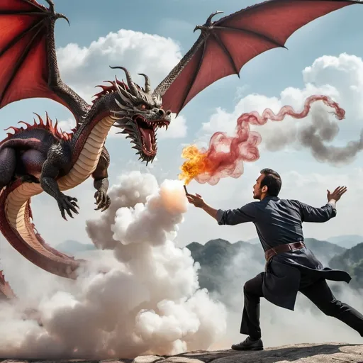 Prompt: A flying dragon exhaling smoke and a man flying through the air behind the dragon trying to catch up.