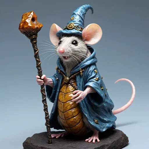 Prompt: fantasy mouse wizard holding a staff made from a petrified centipede 
