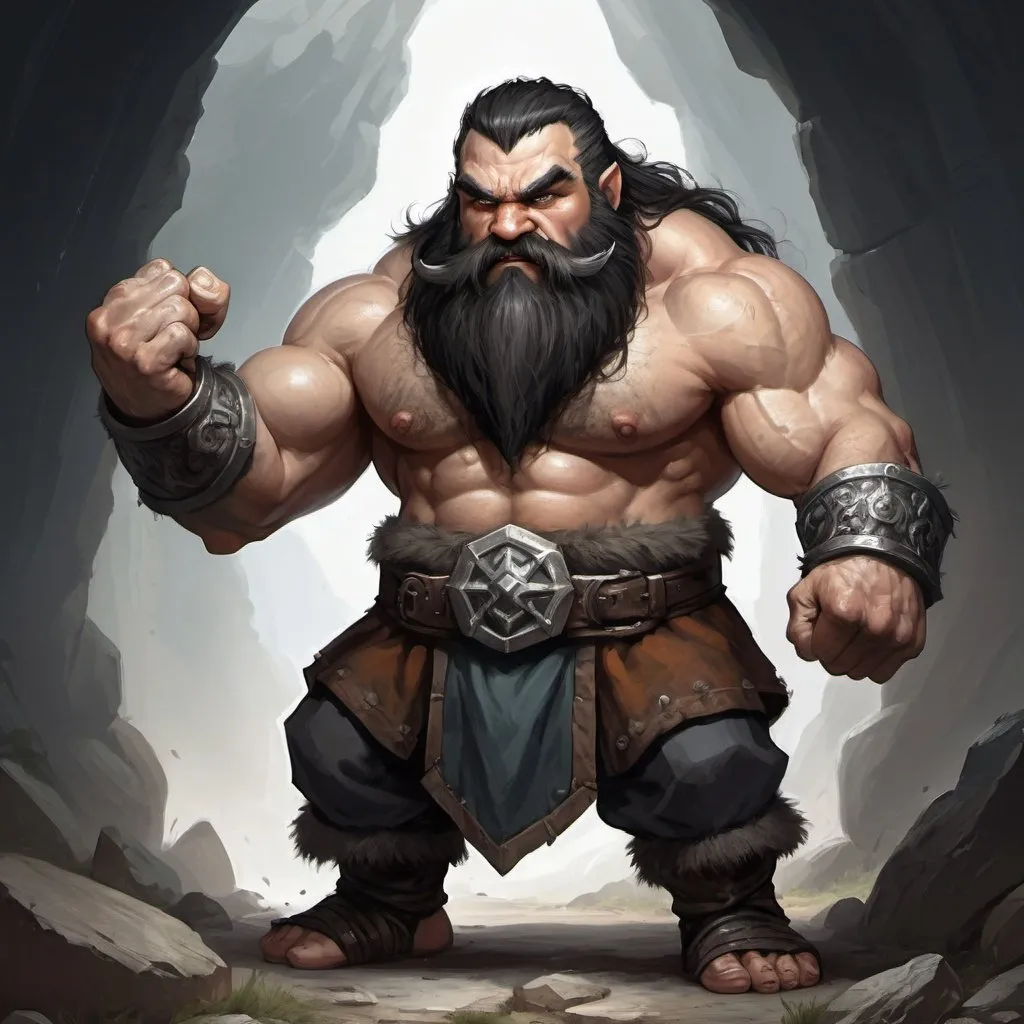 Prompt: fantasy art dwarf with black hair and beard stand ready for a fist fight wearing stone knuckles