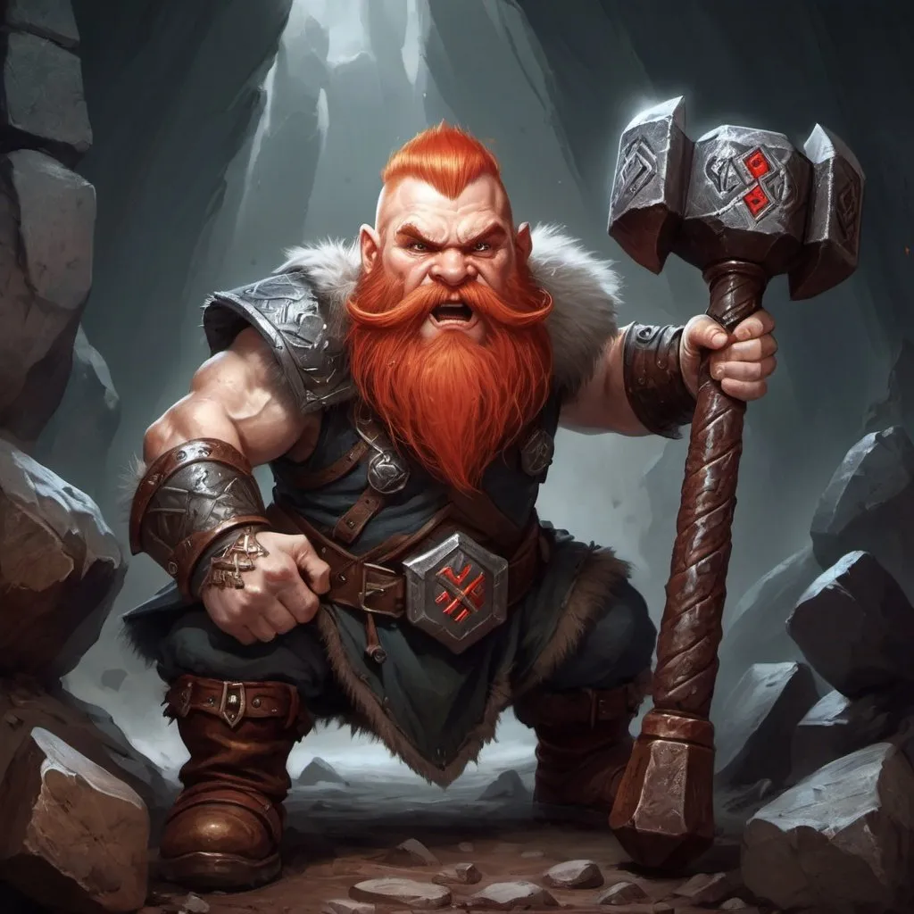 Prompt: fantasy art. Dwarf with red hair fighting with a rune hammer