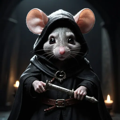 Prompt: fantasy mouse assassin wearing a dark black cloak hiding in dark shadows