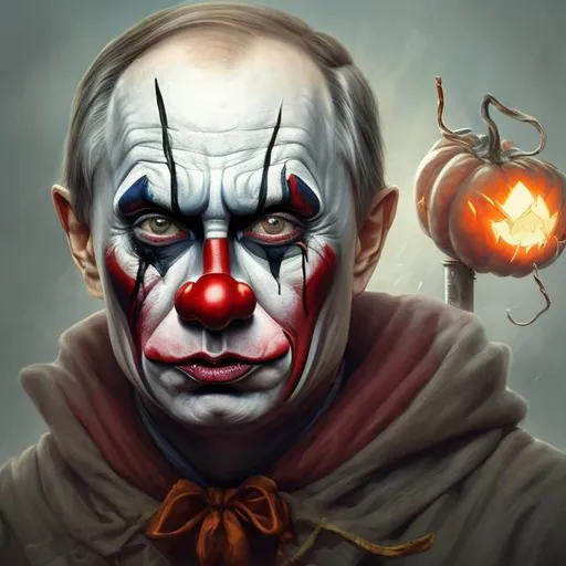 Prompt: vladimir putin as a stupid clown, halloween  realistic portrait, symmetrical, highly detailed, digital painting, artstation, concept art, smooth, sharp focus, illustration, cinematic lighting, art by artgerm and greg rutkowski and alphonse mucha