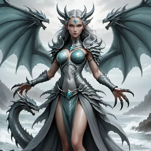 Prompt: Gray Goddess of the primordial sea with gray dragon wings  Claws 