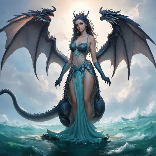 Prompt: Tiamat goddess of the primordial sea gray dragon winged lady