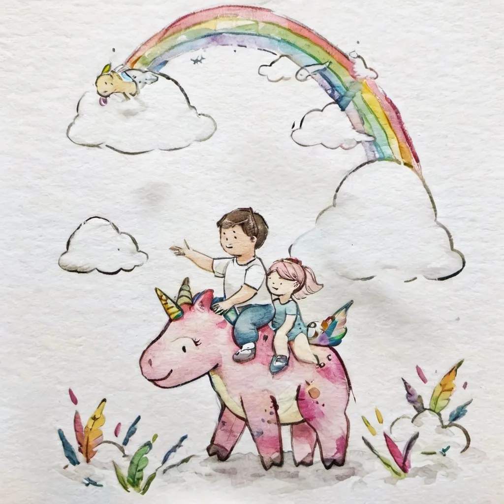 Prompt: girl boy with short hair riding a dinosaur and unicorn with rainbows and clouds in the sky

