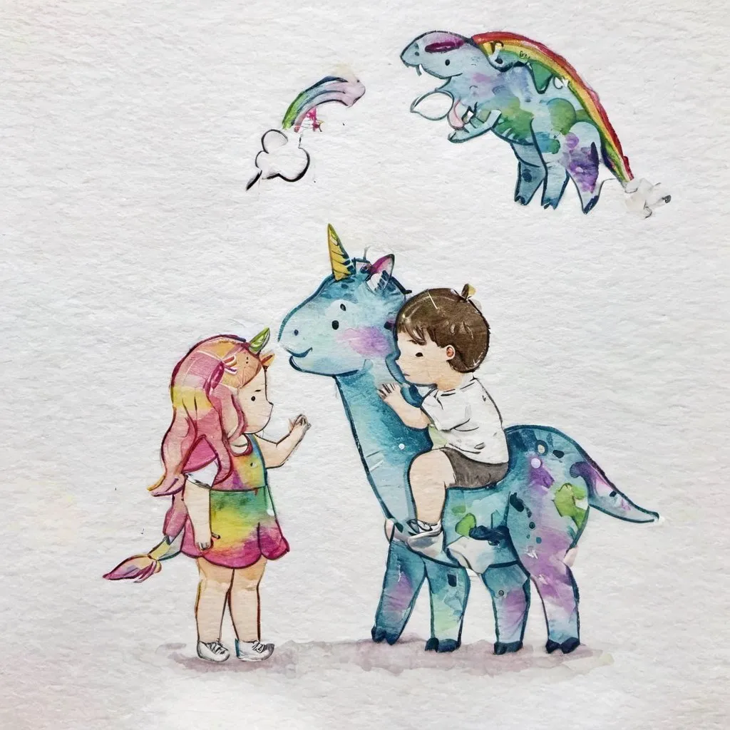 Prompt: boy and girl with unicorn dinosaur and rainbow