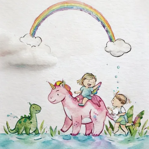 Prompt: Girl flying a unicorn and boy with short hair riding a dinosaur with rainbow and clouds and water with crocodile, colorful fantasy, highres, detailed, vibrant pastels, fantasy, joyful atmosphere, dynamic composition, playful, cute characters, magical lighting