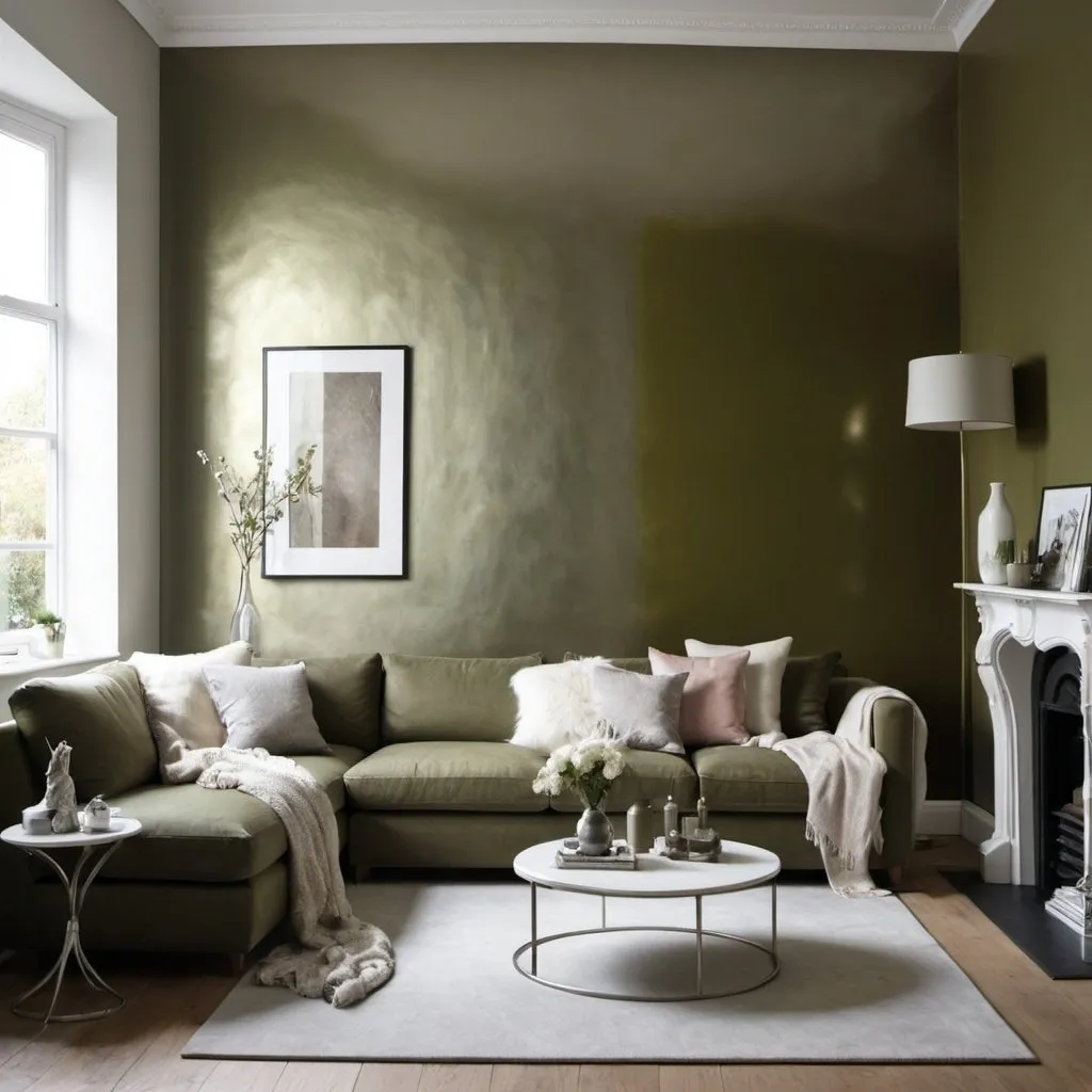 Prompt: metallic olive gleam colour in one wall and Angora white in remain 3 wall in living room
