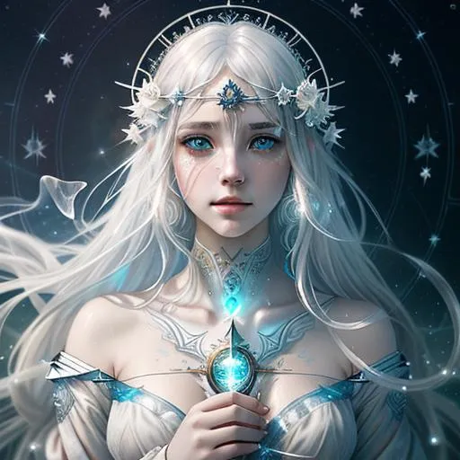 Prompt: O for a Muse of the ocean and stars, that would ascend The brightest heaven of invention, by Charlie Bowater detailed white long surreal hair, kinkade. award winning, carne griffiths, portrait, intricate details, bubbles, dynamic effects, white hair, intricate eyes, detailed face, surreal hair, aristocratic clothes, sparlkes and shiny stars, professional ominous concept art, by artgerm and greg rutkowski, an intricate, elegant, highly detailed digital painting, concept art, smooth, sharp focus, illustration, in the style of simon stalenhag, wayne barlowe, and igor kieryluk.