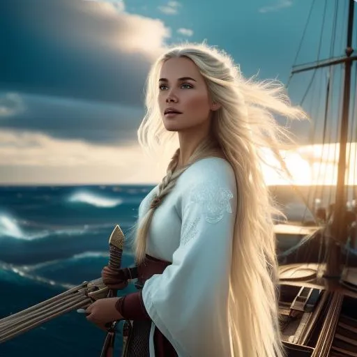 Prompt: cinematic film still of a Nordic female peasant with long blond windswept hair standing on the bow of a Viking schooner and wishing on a star, cinematic lighting, stunning skyscape, 8k, HDR