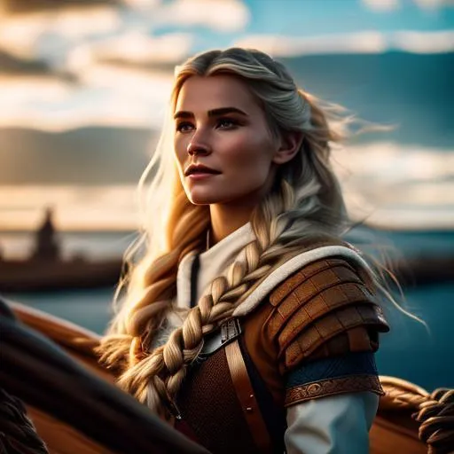 Prompt: cinematic female Viking peasant with long blond windswept hair standing on the bow of a Viking schooner and wishing on a star, cinematic lighting, extremely detailed, photorealistic, 8K, HDR