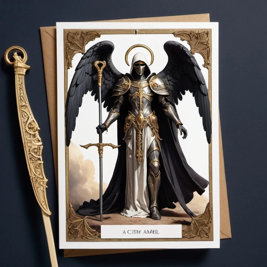 Prompt: a card with a picture of a archangel with a scythe and wearing a mask with four sets of wing and a kings robe

