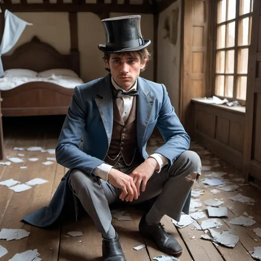 Prompt: full body image of a depressed man. He has short brown hair and hazel eyes. He wears a grey and blue tuxedo and sits on the wooden floor of a medieval bedroom. All around him are scraps of torn paper.  He wears a tophat
