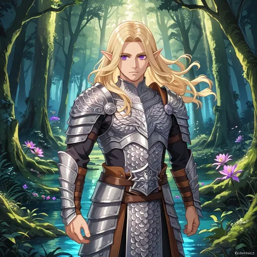 Prompt: (male elf magus), toned physique, (shoulder length blonde hair), (violet eyes), wearing (elven chainmail), standing confidently, intricate details in the armor, ethereal and mystical ambiance, enchanted forest background, soft glow of magical light illuminating his face, (highly detailed), vibrant colors, showcasing a blend of strength and elegance, fantasy art style.