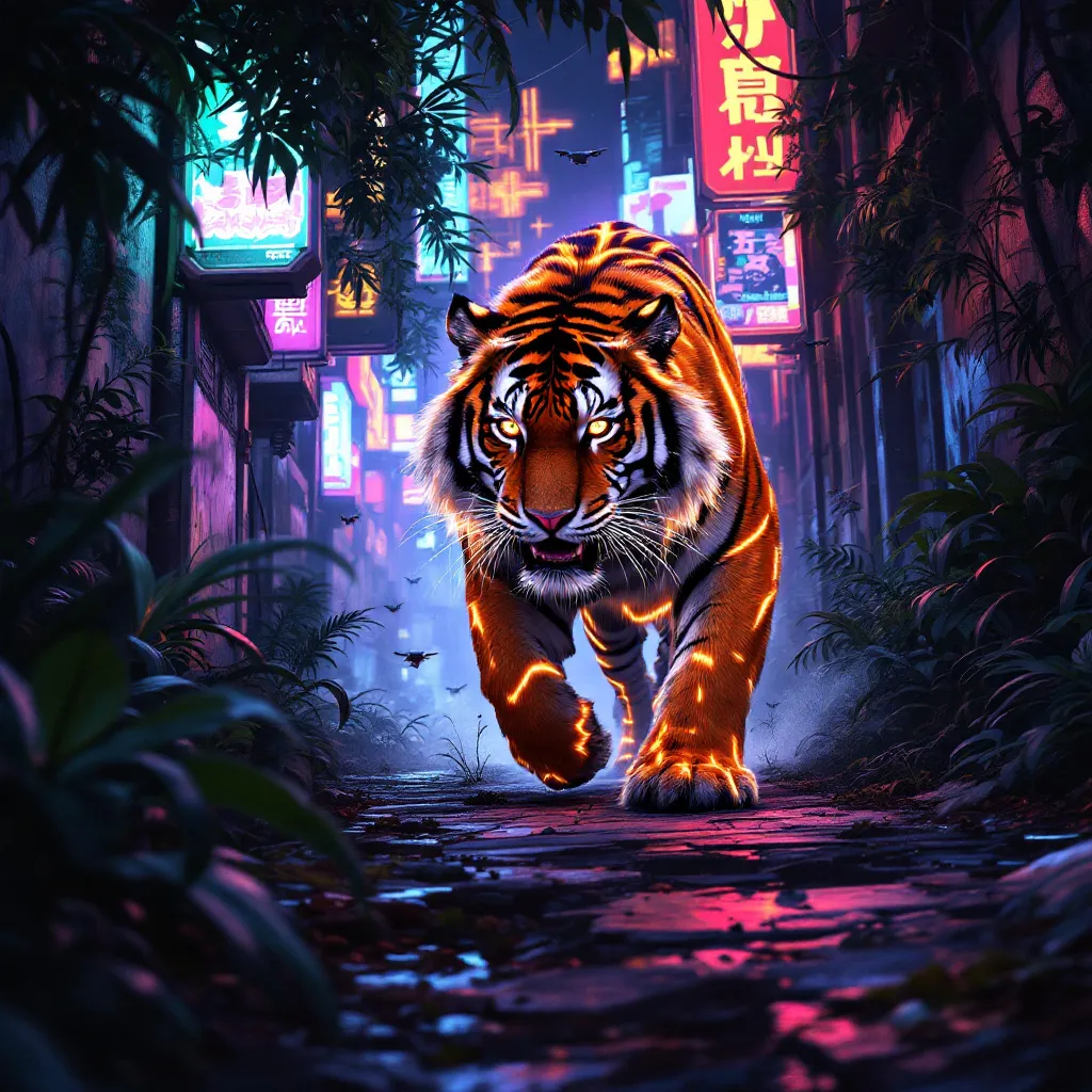 Prompt: "Illustrate a Bengal tiger prowling through a neon-lit urban jungle at night. The tiger's fur should have bioluminescent stripes that react to the city's neon glow. The environment combines dense foliage with graffiti-covered walls, flying drones, and holographic advertisements. Use dramatic chiaroscuro lighting to enhance the tiger's stealthy movement. The composition should balance the natural predator with the chaotic urban setting, creating tension and visual intrigue. neon glow 3d octane rendering:2.0, glossy chrome lighting:2.0"